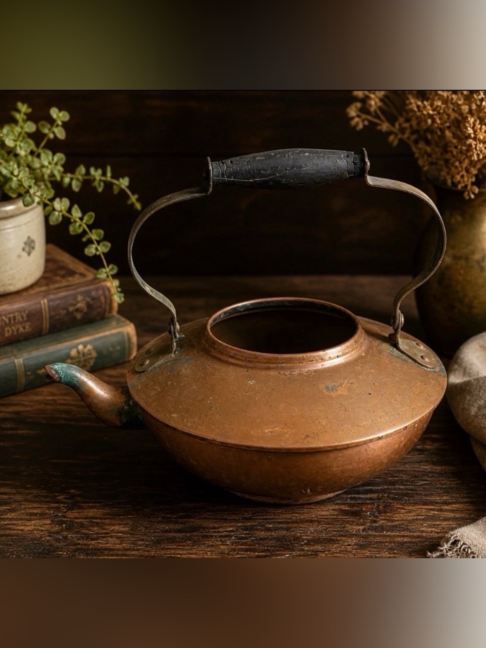 Vtg Copper Tea Kettle With Wooden Handle Made In Portugal Primitive Patina Read